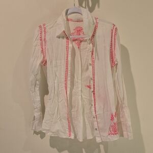 White Shirt with Pink Embroidery Button Down
